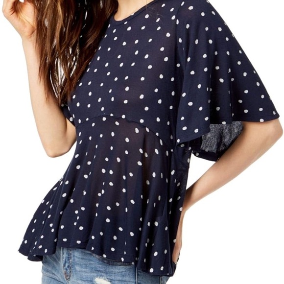 LUCKY BRAND Polka Dot Peplum Swing Asymmetrical Hem Keyhole Back Blouse - Picture 1 of 11
